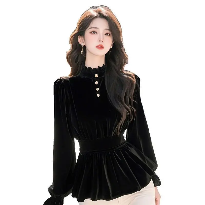 French Long-sleeved Gold Velvet Base Shirt for Women with Autumn and Winter Waist Doll Shirt Puff Sleeve Top - Image 3