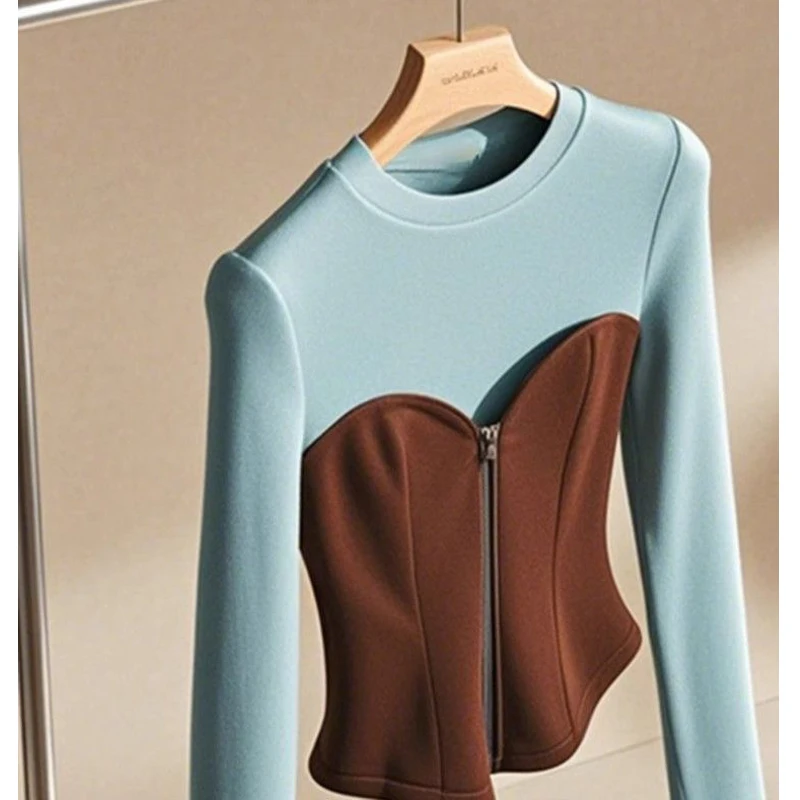 Women Clothing Stylish Vintage Patchwork Zipper Chic Slim Basic T Shirt Autumn Winter Elegant O Neck Long Sleeve Pullover Tops - Image 2