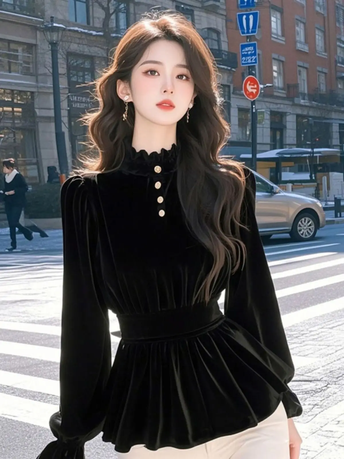French Long-sleeved Gold Velvet Base Shirt for Women with Autumn and Winter Waist Doll Shirt Puff Sleeve Top