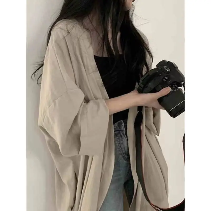 2023 Summer Pure Cotton Oversize Square Neck Long Sleeve Cardigan Tops Korean Style Midi Sunscreen Clothing Women Loose Coat - Image 2