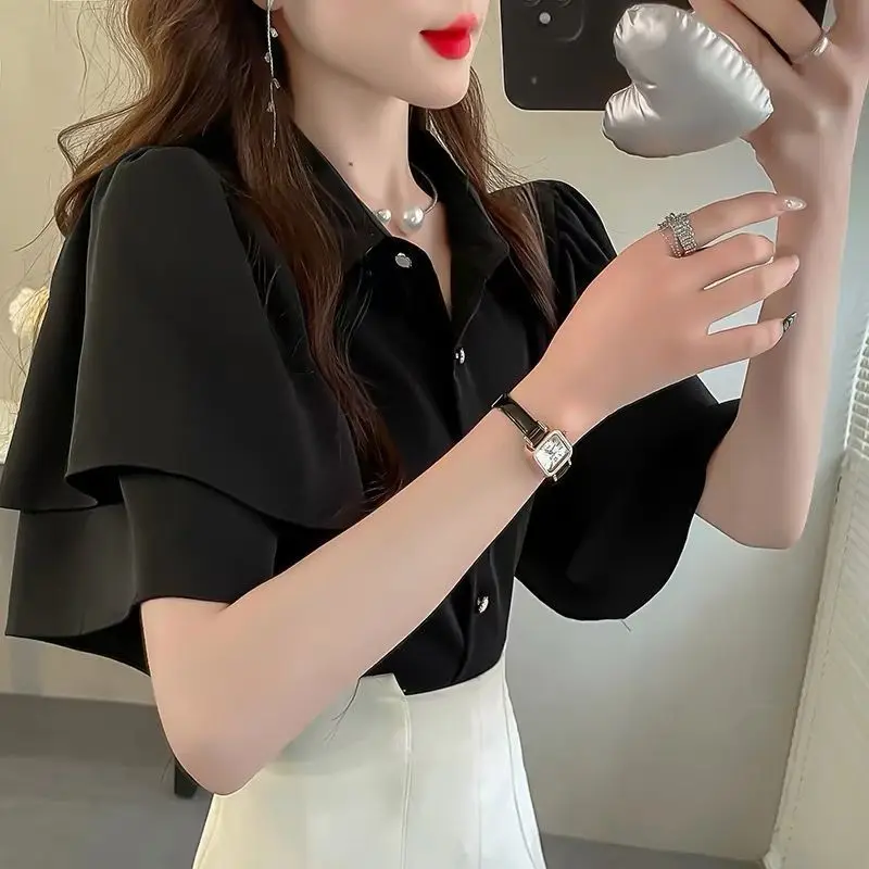 French Lady's Summer Loose Shirt Women's New Loose Blouse Solid Color Ruffle Short Sleeve Chiffon Top - Image 3