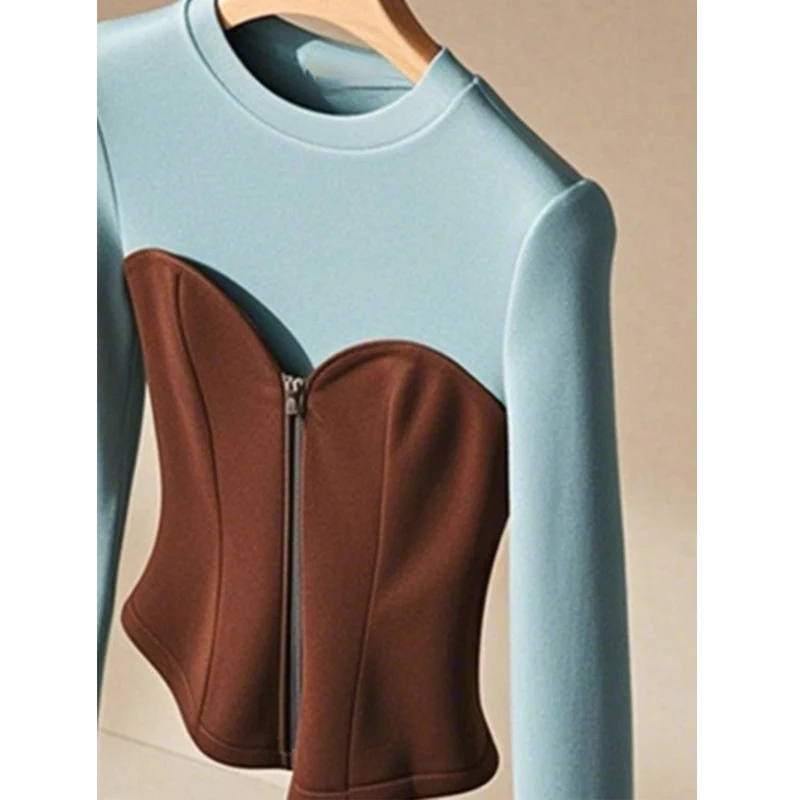 Women Clothing Stylish Vintage Patchwork Zipper Chic Slim Basic T Shirt Autumn Winter Elegant O Neck Long Sleeve Pullover Tops - Image 3