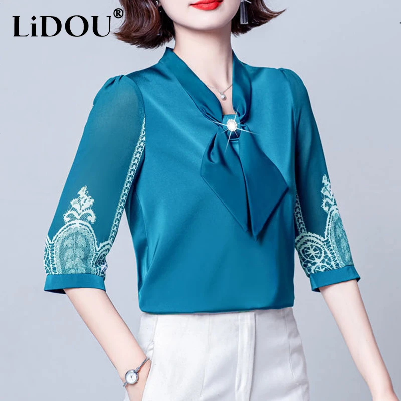 Spring Autumn Elegant Fashion Korean Shirt Women Solid Color Seven-quarter Sleeve Lady Blouse Tops Aesthetic Chic Female Clothes - Image 2
