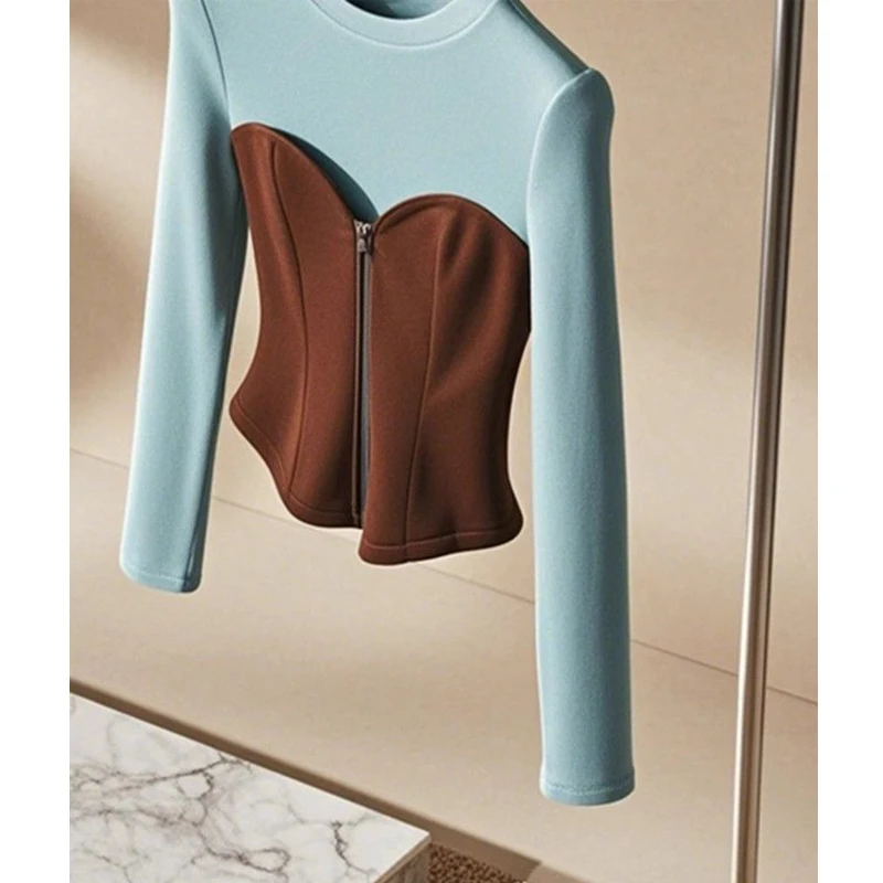 Women Clothing Stylish Vintage Patchwork Zipper Chic Slim Basic T Shirt Autumn Winter Elegant O Neck Long Sleeve Pullover Tops - Image 4