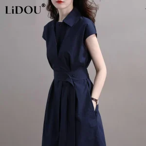 Summer New Elegant Fashion Polo-neck Shirring Waist A-line Dresses Ladies Short Sleeve Temperament Simple Dress Robe Vestidos