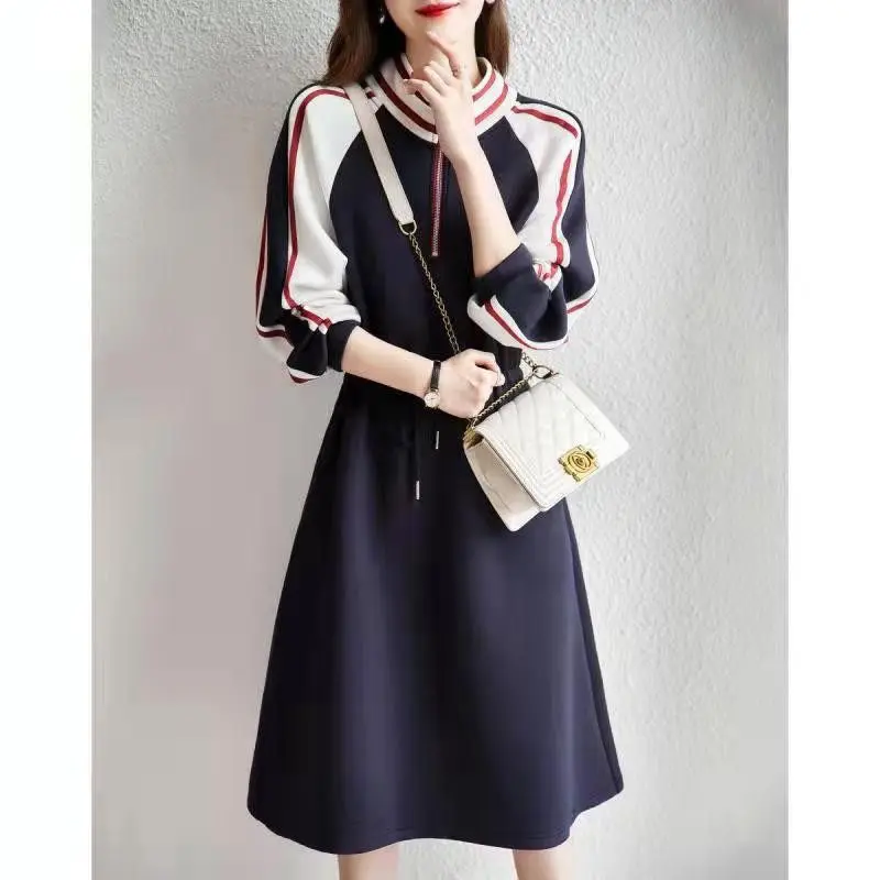 Spring Long Sleeve Casual Dresses Women Round Neck Zipper Patchwork Striped A-line Skirt Ladies Drawstring Waist Retraction Robe - Image 2