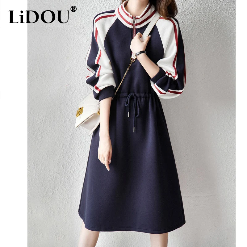 Spring Long Sleeve Casual Dresses Women Round Neck Zipper Patchwork Striped A-line Skirt Ladies Drawstring Waist Retraction Robe