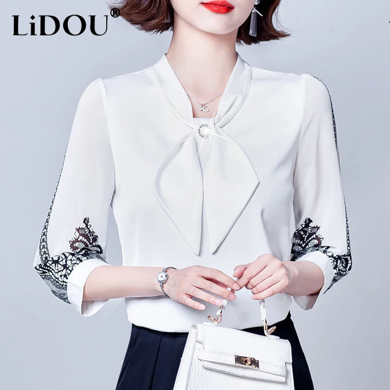 Spring Autumn Elegant Fashion Korean Shirt Women Solid Color Seven-quarter Sleeve Lady Blouse Tops Aesthetic Chic Female Clothes - Image 3