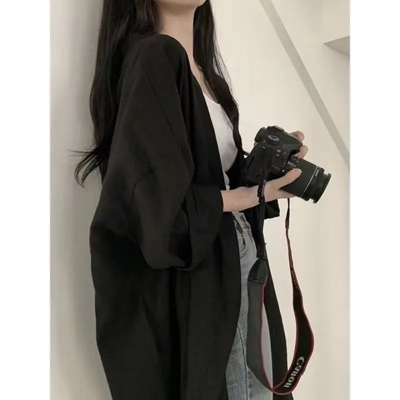 2023 Summer Pure Cotton Oversize Square Neck Long Sleeve Cardigan Tops Korean Style Midi Sunscreen Clothing Women Loose Coat - Image 3
