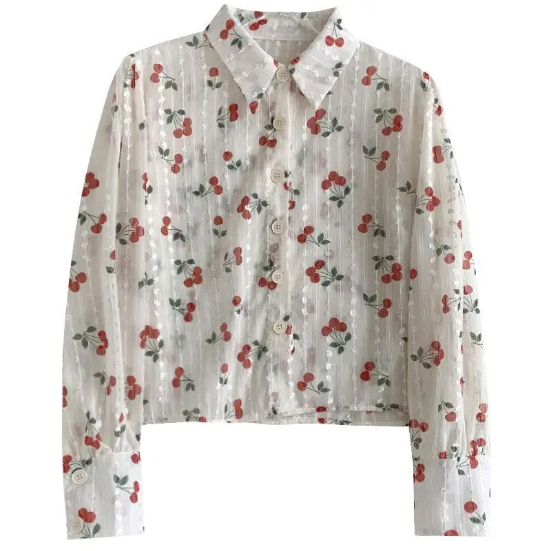 Spring Summer Thin Style Blouse POLO Collar Printing Long Sleeve Tops Women Sweet Single Breasted Fashion Casual Female Shirt - Image 5