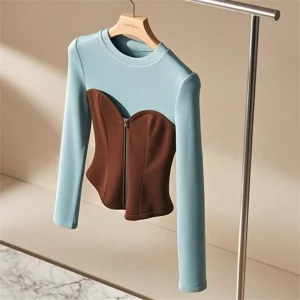 Women Clothing Stylish Vintage Patchwork Zipper Chic Slim Basic T Shirt Autumn Winter Elegant O Neck Long Sleeve Pullover Tops